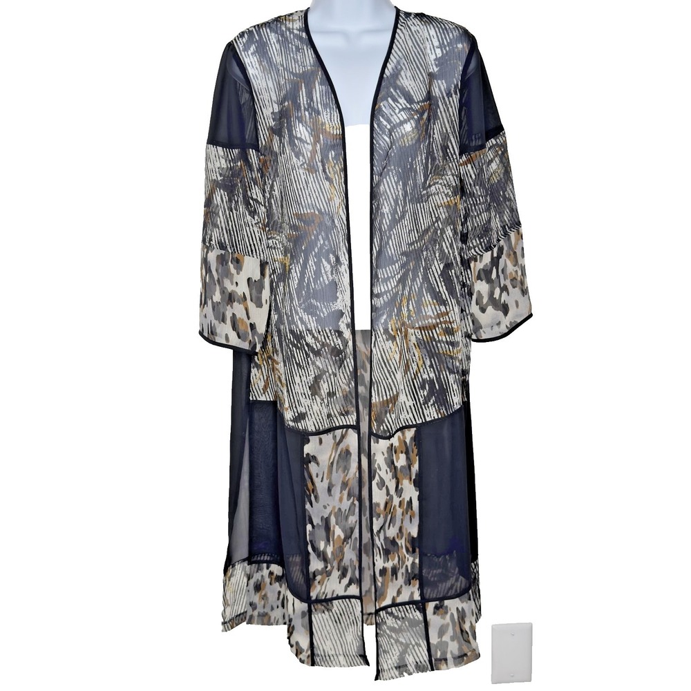 Chico's Travelers Kimono Cardigan Womens M (1) Black Animal Print Duster Sheer